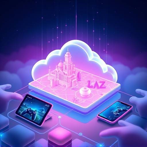 Futuristic illustration depicting holographic game interfaces and seamless connectivity across multiple devices via cloud technology.