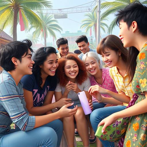 Illustration depicting a diverse group of players from different backgrounds, interacting joyfully within a vibrant virtual game world, highlighting cooperative play and shared activities.