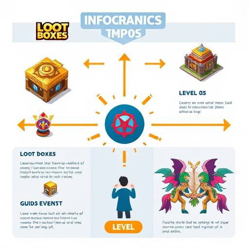 Infographic visually representing various game mechanics like loot boxes, leveling up, guild systems, and timed events, with arrows indicating their impact on player attention and engagement.